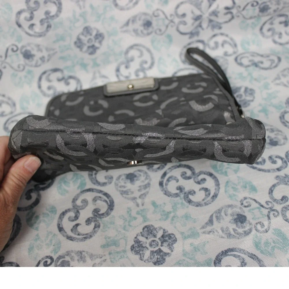 Coach Signature C Monogram Wristlet Clutch Gray Silver Metallic Leather Trim‎